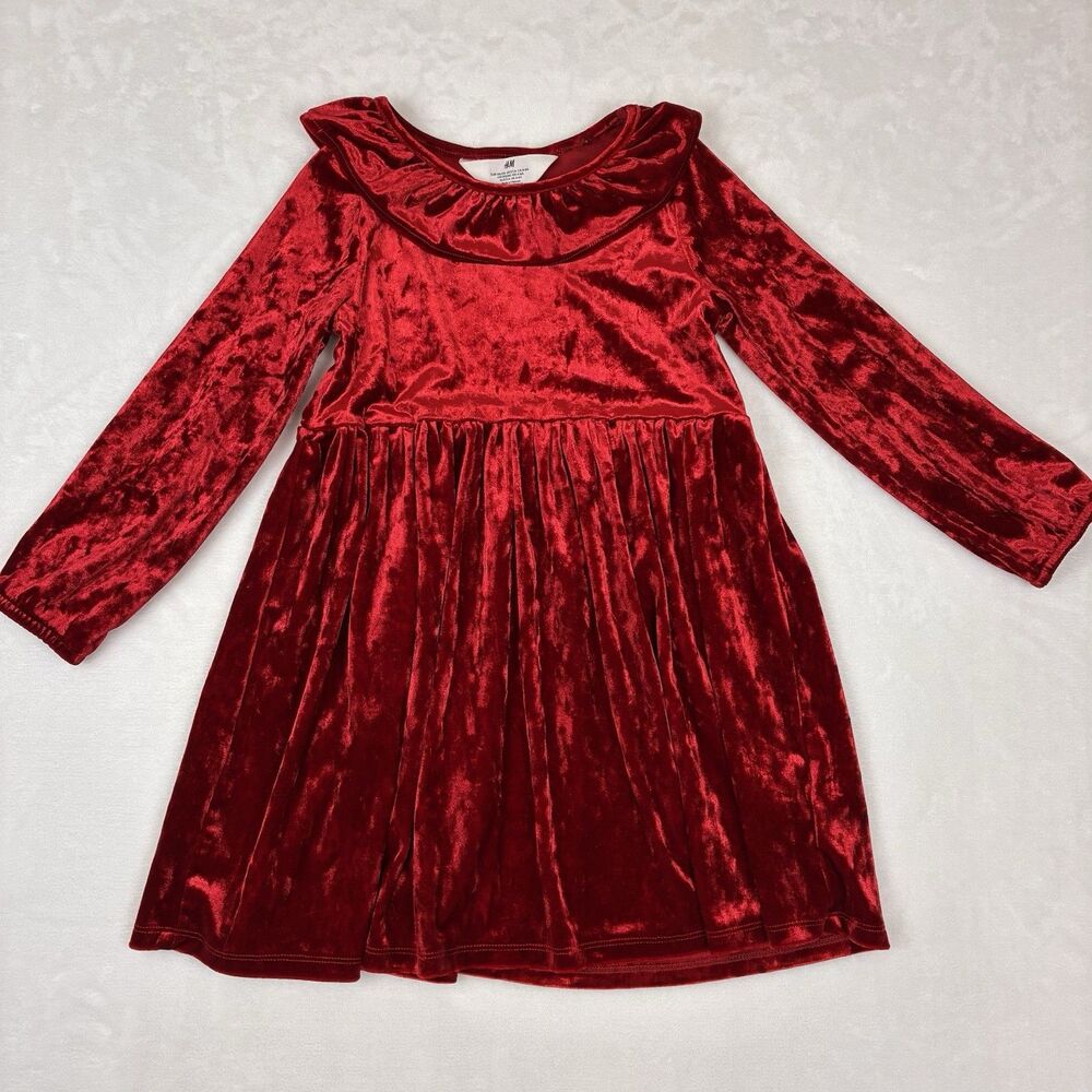H&M Crushed Velvet Dress Girls Size 5/6 Red Long Sleeve Ruffle Trim Holiday